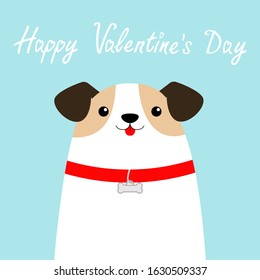 Happy Valentines Day. Dog face head. White puppy pooch. Red collar bone. Cute cartoon kawaii funny baby character. Flat design style. Help homeless animal Adopt me Pet adoption. Blue background Vector