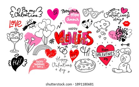 Happy Valentine's day dooddle art collection of lettering, speech bubbles, hearts, decorative design elements, message  stickers for apps, messengers. Love, cute style.