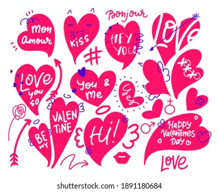 Happy Valentine's day dooddle art collection of lettering, speech bubbles, hearts, decorative design elements, message  stickers for apps, messengers. Love, cute style.