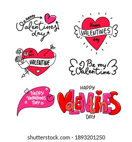 Happy Valentine's day dooddle art collection of lettering, speech bubbles, hearts, decorative design elements, message  stickers for apps, messengers. Love, cute style.