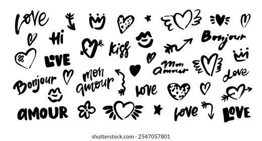 Happy Valentine's day dooddle art collection of lettering, hearts, decorative design elements, message  stickers for apps, messengers. Love, cute style.