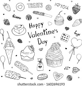 Happy Valentine's Day doodle set. Desserts sketch for Valentine's Day. Cupcake, cookie, candy, chocolate, cake, strawberry, treats, heart, lettering. Hand drawn. Vector stock illustration.
