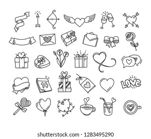 Happy Valentines Day doodle style elements. Vector Illustration