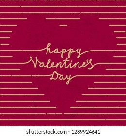 Happy Valentines Day Doodle Style Inverted Logo and Blank Heart Shape Created by Repeating Horizontal Lines with Lettering - Gold Elements on Red Rough Paper Background - Vector Hand Drawn Design
