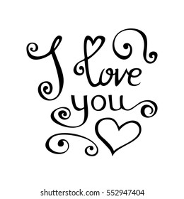 Happy Valentines Day doodle template for your greeting card. I love you black Lettering design isolated on white background. Vector illustration