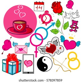 Happy Valentine's Day Doodle, Vector Illustration Poster, Card, Hearts, Tea Cup, Symbol Venus and Mars