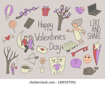 Happy valentines day doodles, set, cartoon, art