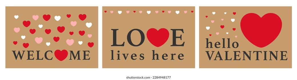 Happy Valentine's day doormat, home decor vector design with heart symbols. Welcome, love lives here, hello Valentine romantic greeting phrases in a rectangle frame.