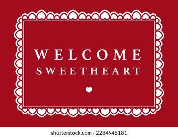 Happy Valentine's day doormat, place mat, home decor vector design with hearts. Welcome sweetheart romantic greeting phrase in a rectangle frame.