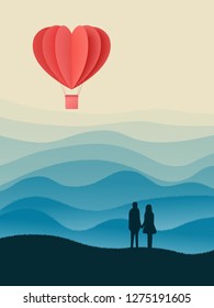 Happy valentines day double exposure vector illustration with paper cut red heart shape origami made hot air balloons flying in sky background . Living coral colors. paper art and digital craft style