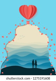 Happy valentines day double exposure vector illustration with paper cut red heart shape origami made hot air balloons flying in sky background . Living coral colors. paper art and digital craft style