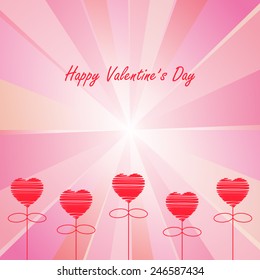 happy valentines day, drawing heart with light ray pattern on pink background (vector)