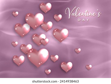 Happy Valentines day elegant card. 3D glossy pink glass hearts on old rose paper background. Fashion Holiday poster, jewels. Concept for Valentines banner, flyer, party invitation, jewelry gift shop