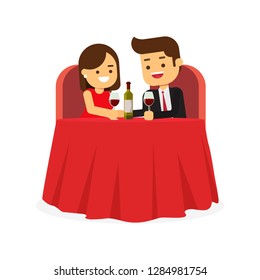 Happy Valentine's day ,Happy elegant couple sitting in a cafe, man and woman holding glasses of red wine enjoying romantic dinner date colorful characters