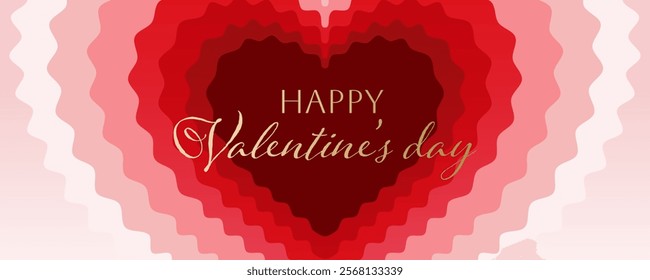 Happy Valentine's Day banner design with elegant golden font inside a red heart with gradient pink and red wavy borders. Romantic holiday background design for greeting card, invitation, and poster.