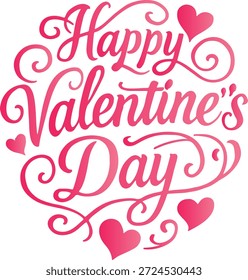 Happy valentine's day elegant script text with hearts and decorative swirls