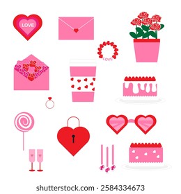 Happy valentine's day. Valentine's day element set. vector illustration. rose flower pot. rose letter.