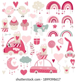 Happy Valentines day elements, decorations, sweets, cute gnome, love bug, rainbows isolated on white background. Valentine colorful collection. Vector illustration.