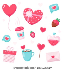 Happy Valentines Day elements. Gift, heart, balloon, strawberry, love letter. Vector illustration.
