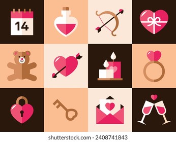 Los elementos del día del feliz San Valentín en un estilo geométrico moderno y minimalista. Ilustración colorida linda en estilo de dibujos animados de vector plano. Modalidades geométricas de vday, Forma de corazón, icono de amor para la decoración de diseño.