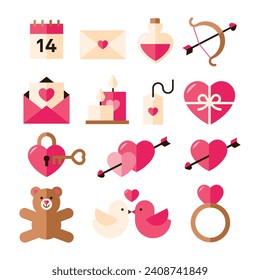 Happy valentine's day elements in modern minimalist geometric style. Colorful cute illustration in flat vector cartoon style. Vday geometrical symbol, Heart shape, love icon for design decoration.