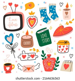 Happy Valentines day elements set. Cartoon love concept icons with hearts, lovers day gifts, love story books, cute presents, candles and socks. Romantic stickers. Vector illustration