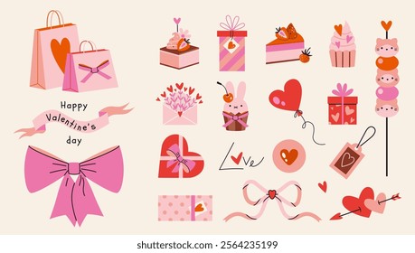 Happy Valentines Day elements set. Romantic objects like hearts, cake, balloons, gifts, bow and sweets. Trendy modern vector illustration isolated on background, hand drawn, flat design