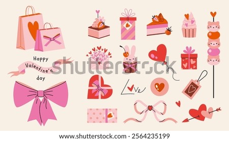 Happy Valentines Day elements set. Romantic objects like hearts, cake, balloons, gifts, bow and sweets. Trendy modern vector illustration isolated on background, hand drawn, flat design