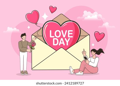 Happy valentines day elements stickers in doodle style. Romantic vector illustration of heart, love, for 14 February on white and pink background. graphic elements and messages for Valentine's Day.