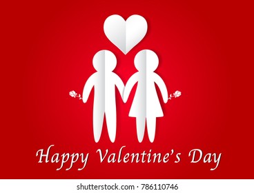 Happy Valentine's Day and the elements of the wedding card. There are men and women standing hand in hand holding a rose to show love heart. Vector illustrations