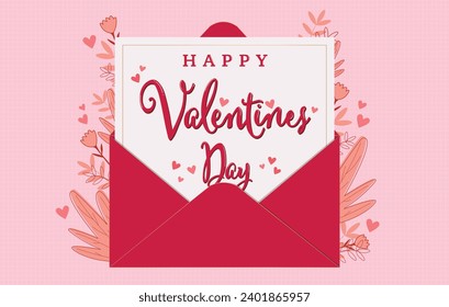 Happy Valentines Day envelope and flowers on pink holiday vector background top view. Various flowers for love romantic message in envelope. 
