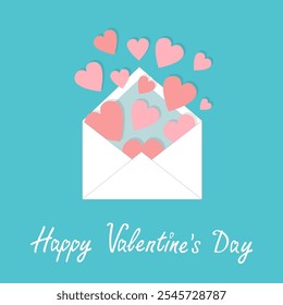 Happy Valentines Day. Envelope with flying pink hearts. Open paper letter. Love greeting card. Cute decoration element. Childish style. Flat design. Blue background. Isolated. Vector illustration.