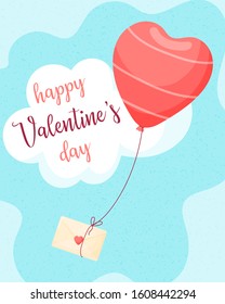 Happy Valentine's day envelope with a letter flying in a balloon in the shape of a heart on a background of blue sky and clouds. Vector illustration for greeting cards, posters, stckers, etc.