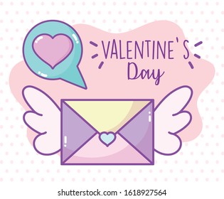 happy valentines day, envelope message letter wings love celebration vector illustration