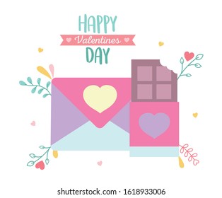 happy valentines day, envelope message chocolate bar foliage decoration celebration vector illustration