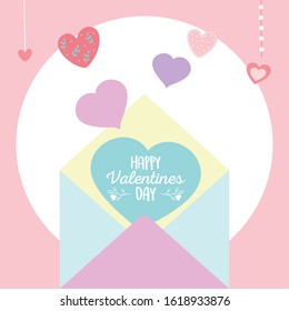happy valentines day, envelope message with hearts love romantic celebration vector illustration