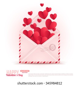 Happy Valentine's Day Envelope with Paper Hearts Flying Away. Vector Illustration. Love Inside Concept.