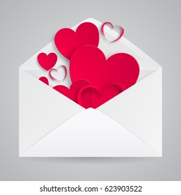 Happy Valentine's Day Envelope with Paper Hearts. Vector Illustration. Realistic Mail Envelope, Letter Happy Valentine's Day Inside.