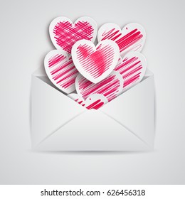 Happy Valentine's Day Envelope with Paper Hearts. Vector Illustration.