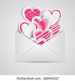 Happy Valentine's Day Envelope with Paper Hearts. Vector Illustration.