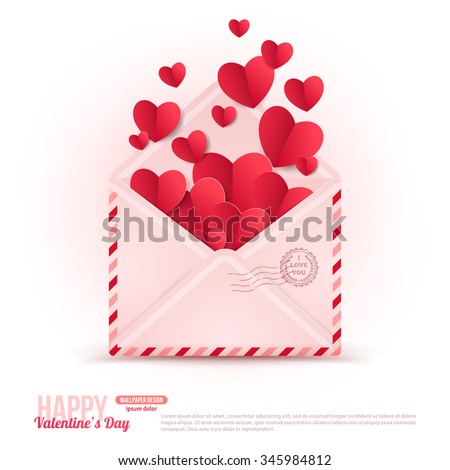 Happy Valentine's Day Envelope with Paper Hearts Flying Away. Vector Illustration. Love Inside Concept.