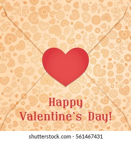 Happy Valentine's Day Envelope Sealed Red Paper Heart. Vector Illustration