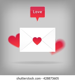 Happy Valentine's Day Envelope. Vector Illustration. Close White Envelope with Heart Shape Seal. Red speech bubble with word Love above