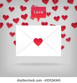 Happy Valentine's Day Envelope. Vector Illustration. Close White Envelope with Heart Shape Seal. Red speech bubble with word Love above