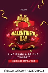 happy valentine's day event invitation poster red heart with gift box. vector illustration design