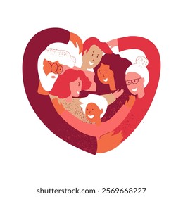 Happy Valentine's day! Family with children. Vector illustration for the spring holiday of love - February 14th. Love. Heart shape. Grandparents, parents and kids hug.