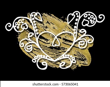 Happy Valentine's Day. Fashion Celebration Card with Acrylic Stain. Ideal Design Vector Illustration: Decoration Hand-Drawn Doodles with Golden Paint for Festive Banners, Posters, Placards, Brochures.