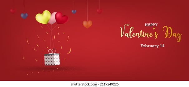 Happy Valentines Day February 14 Sale background, banner, poster, heart shape balloon flying with gift box. abstract background dark red.