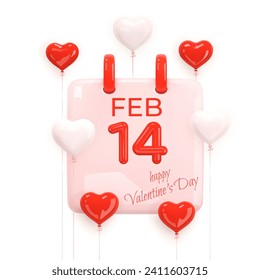 Happy Valentine's Day. February 14 Calendar. Daily calendar with date February 14th with red text and red and white heart balloons. 3d Cartoon style. Calendar Icon on white. 3d Vector illustration