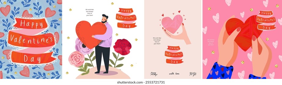 Happy Valentine's Day. February 14. Vector stylish, modern, cute illustration of hands holding heart, man giving valentine, logo, pattern for greeting card, poster and background